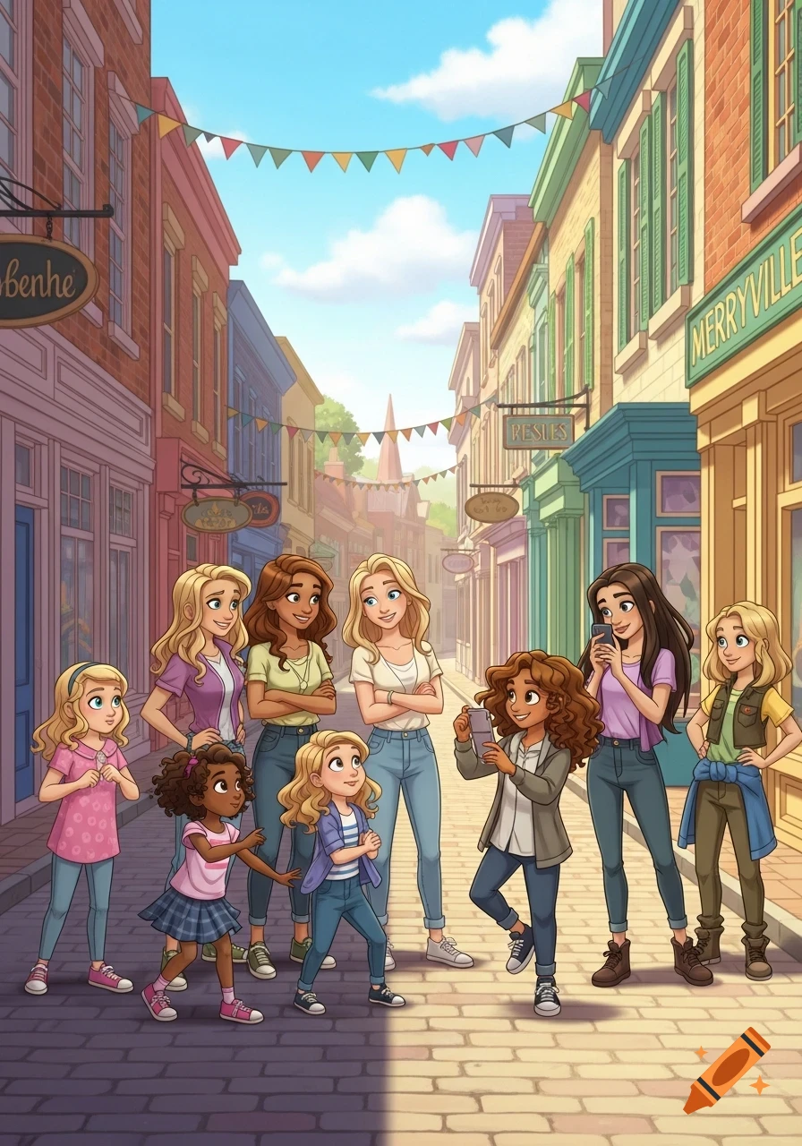 A group of diverse girls and young women, some adults, some children, gather on a sunny cartoon town street lined with colorful shops. Two hold phones.