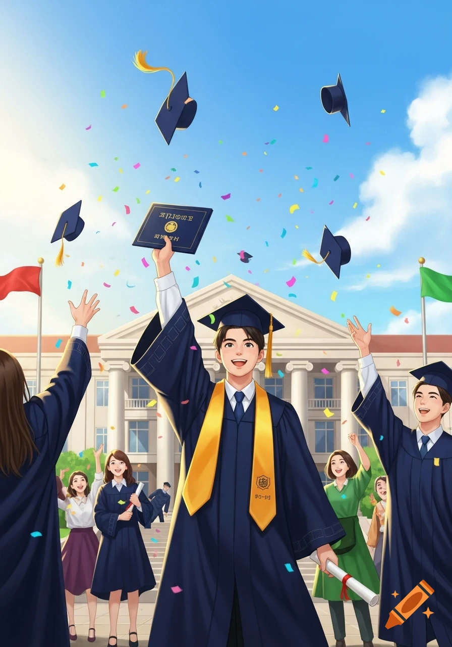 An illustration of students in graduation caps and gowns celebrating in front of a university building, throwing caps and confetti into the sky.