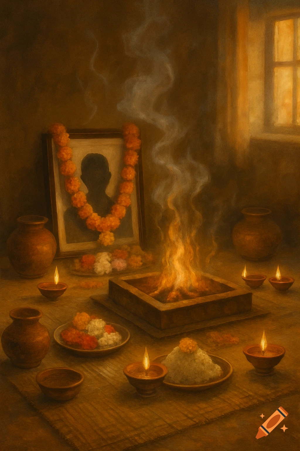 Painterly scene of a Hindu Shradh ritual with a burning havan, offerings, oil lamps, and a garlanded framed silhouette.
