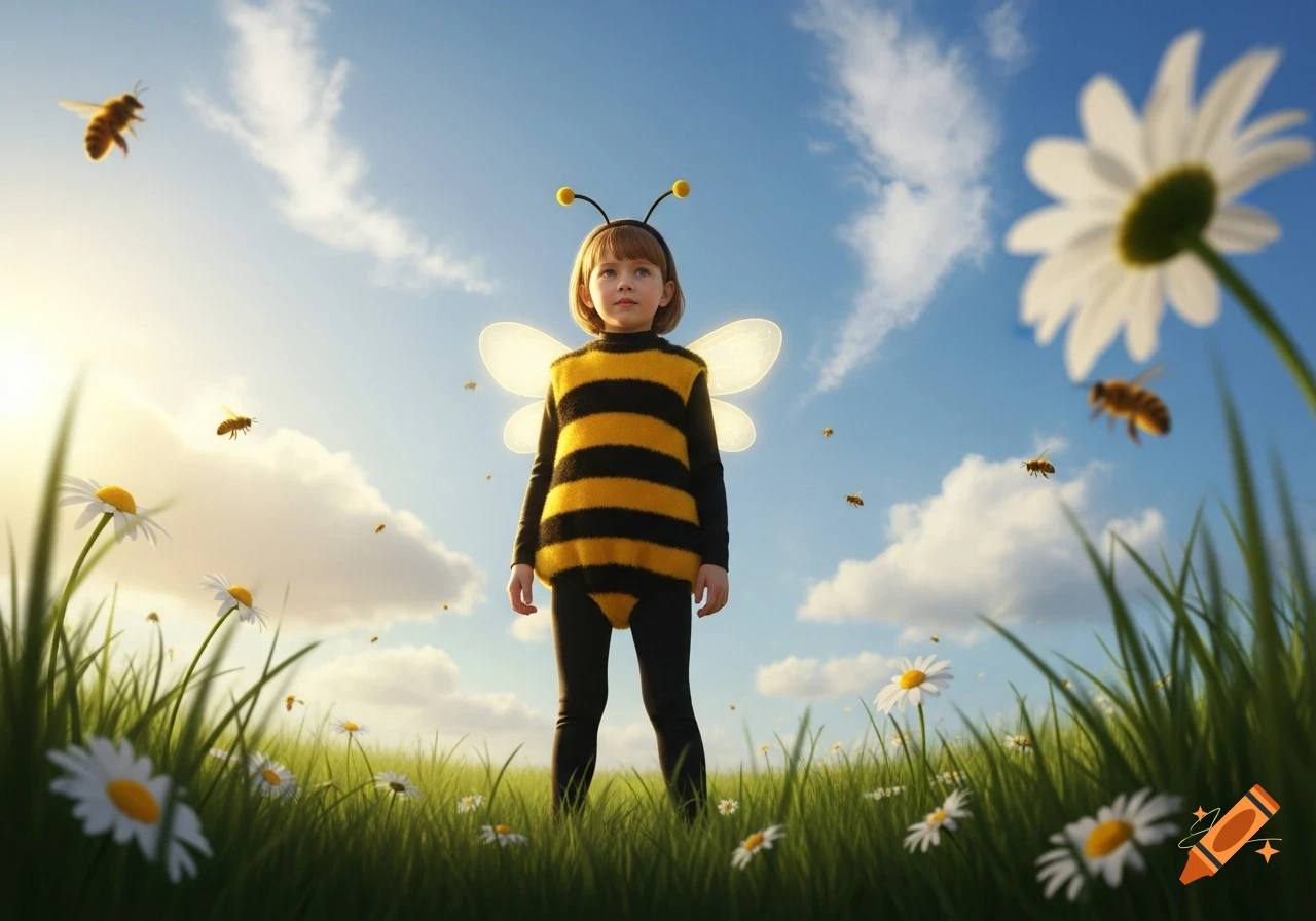 A young child in a black and yellow bee costume with wings and antennae stands in a sunny field of daisies with bees flying under a blue sky.