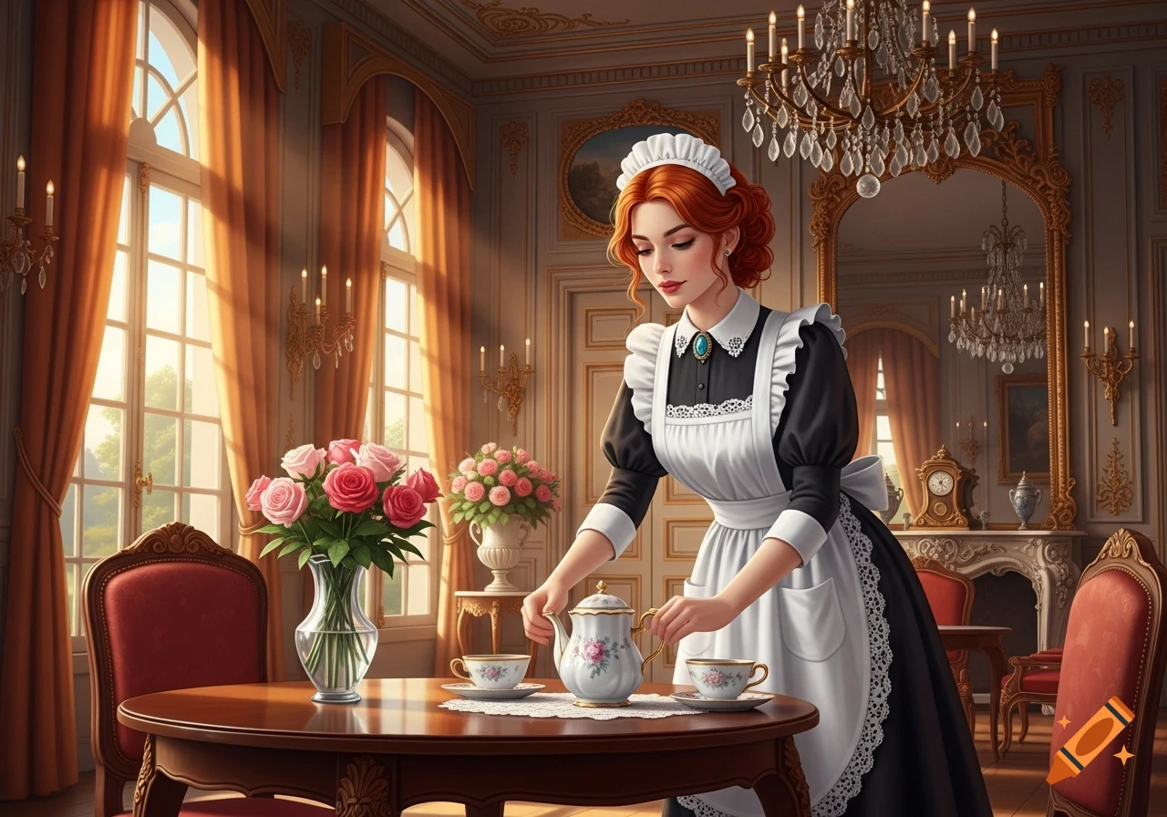 A redhead French maid in a black and white uniform serves tea in a luxurious, ornate room with large windows.