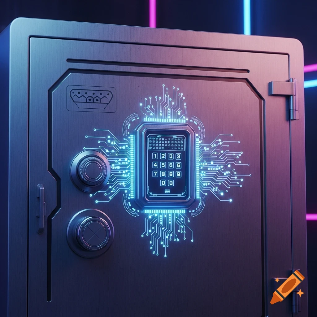 A metallic 3D safe with a glowing blue digital keypad, circuit board patterns, and neon pink and blue lights in the background.