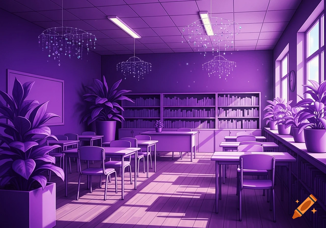 A purple-themed classroom with desks, chairs, bookshelves, potted ...