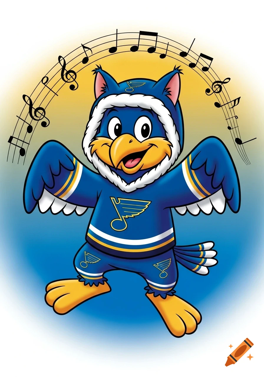 A happy blue cartoon bird character wearing a hooded blue and white outfit with a musical note logo, surrounded by musical notes.