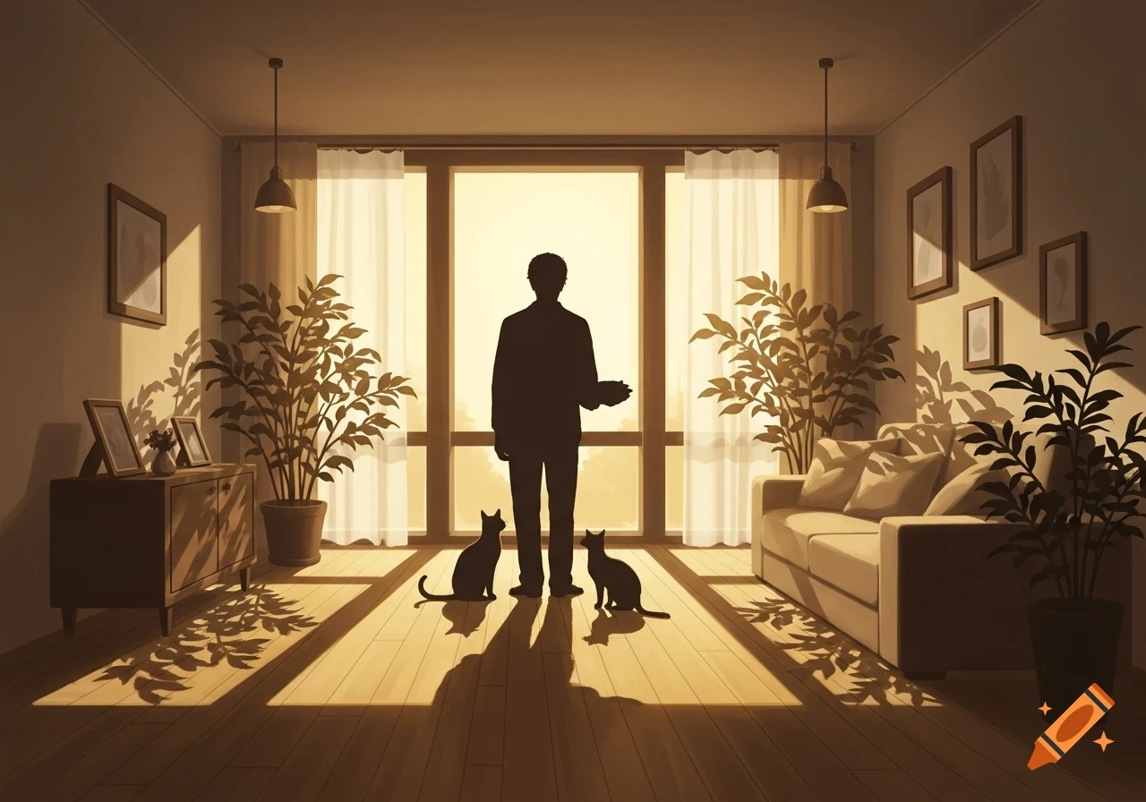 A man stands in silhouette with two cats in a sunlit room, featuring potted plants and furniture.