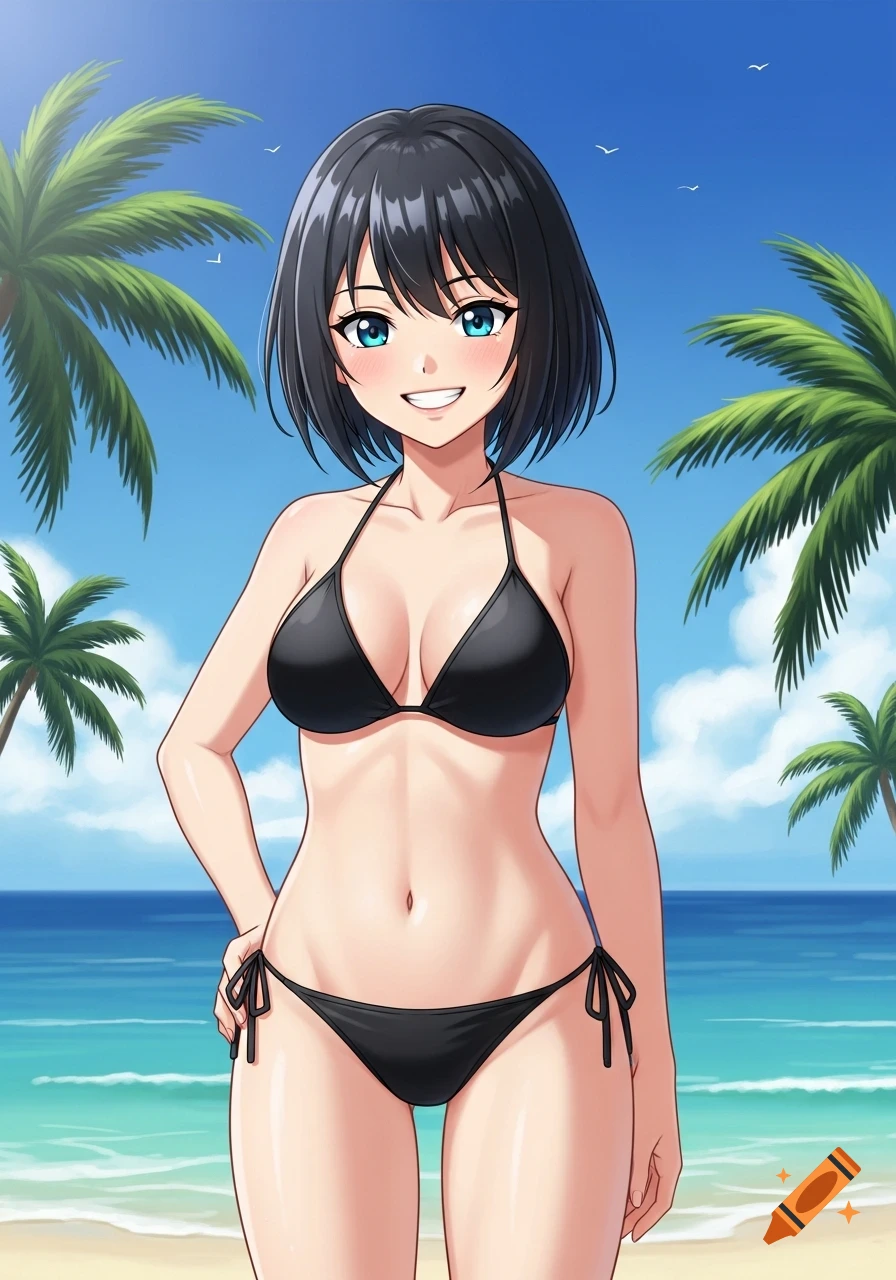 Anime woman with short black hair in a black bikini, smiling on a sunny beach with palm trees.