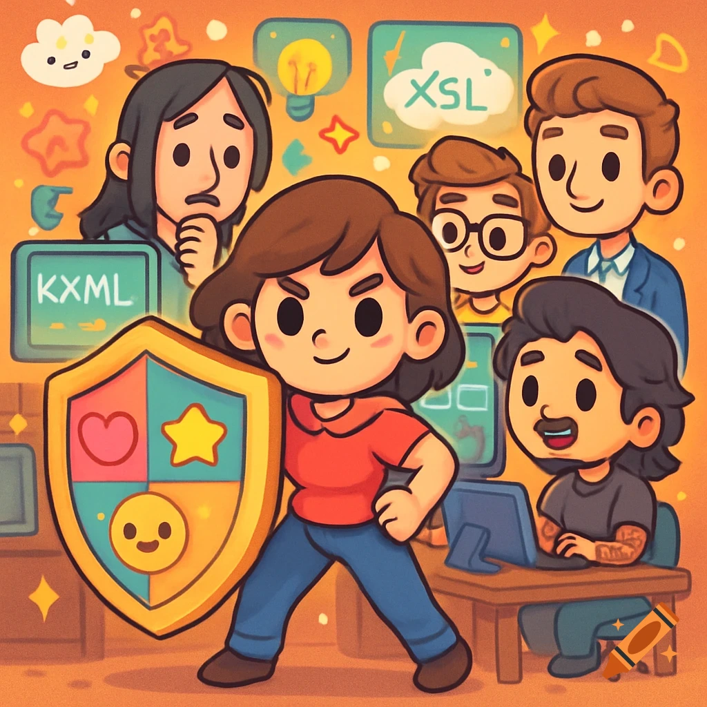 A brown-haired girl with a shield protects a diverse team of five people programming with computers, depicted in a cute cartoon style.