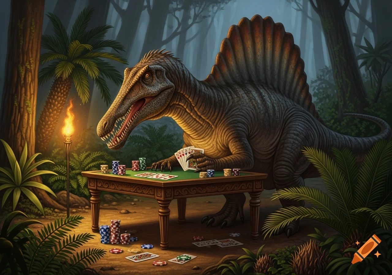 A spinosaurus plays poker at a wooden table in a torch-lit jungle, holding cards and surrounded by stacks of poker chips.