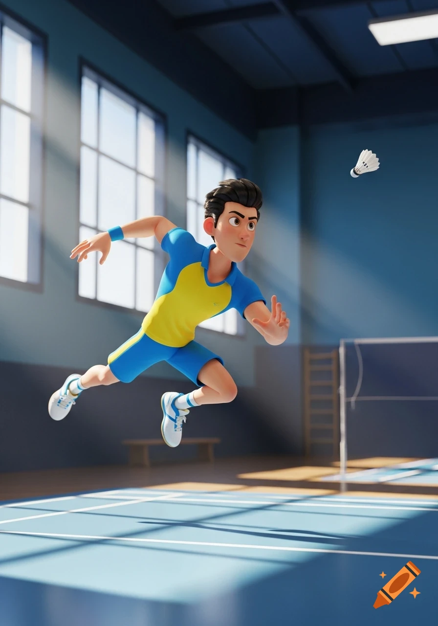 A 3D cartoon male athlete in a blue and yellow uniform leaps in the air to hit a shuttlecock on a badminton court.