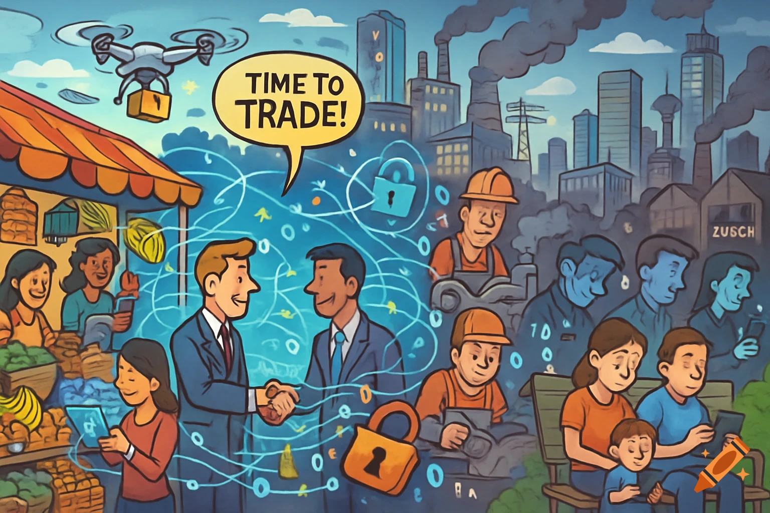 A colorful cartoon illustrating globalization with diverse people, trade, technology like drones and phones, factories, urban landscapes, and a speech bubble saying "TIME TO TRADE!"