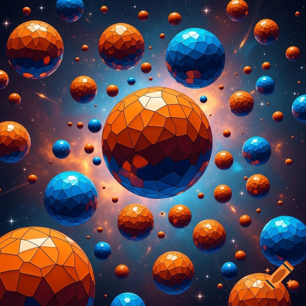 Many faceted orange and blue spheres of various sizes float in a dark ...