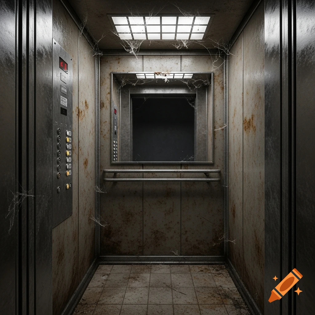 An old, dirty, and rusty elevator interior covered in cobwebs, with a dark open door at the back.