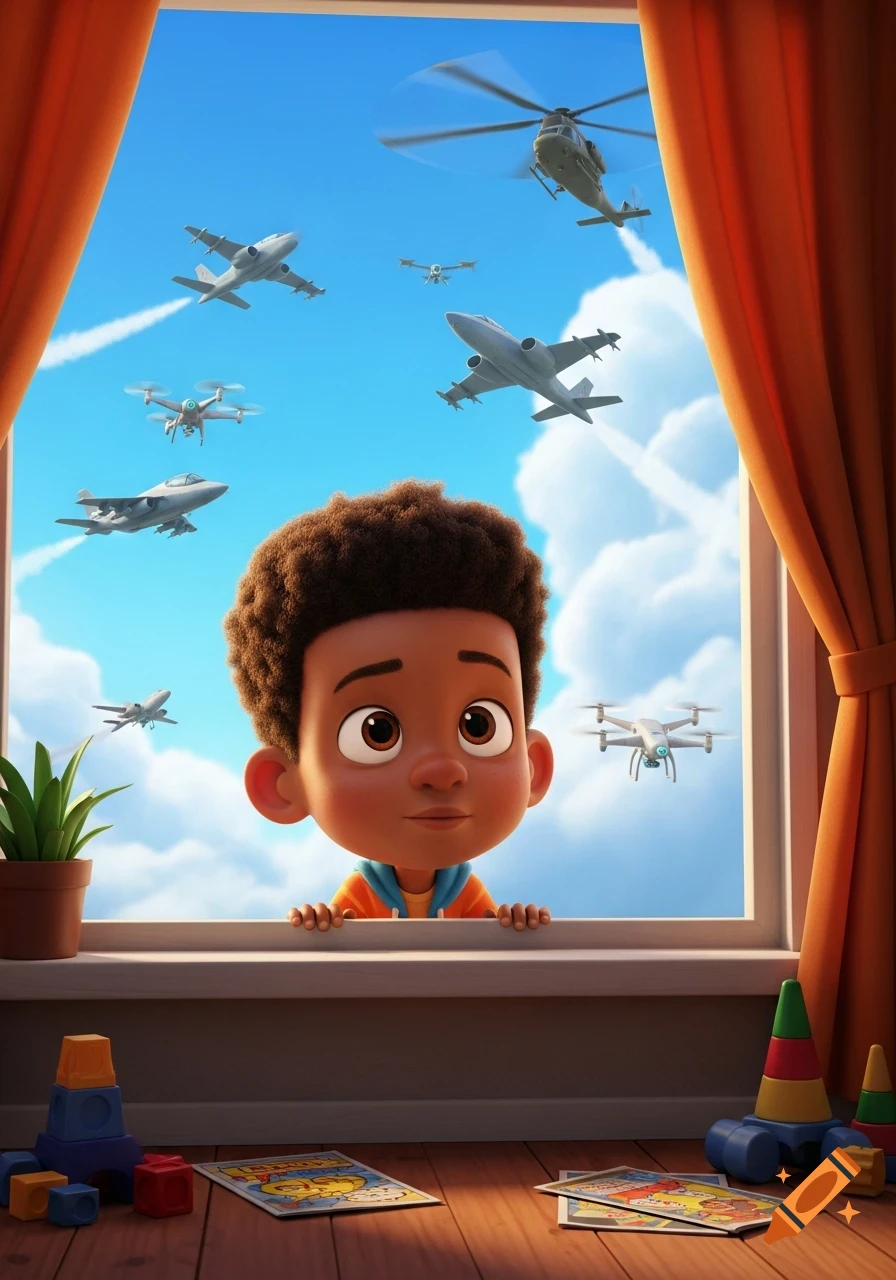 A cute cartoon boy peers out a window at a blue sky filled with planes, drones, and a helicopter.