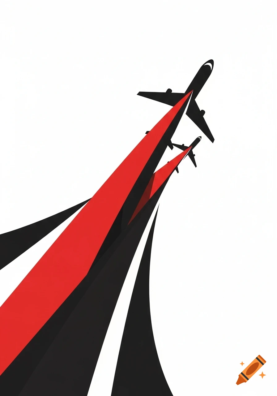Two black airplanes fly upwards, leaving red and black geometric trails on a white background.
