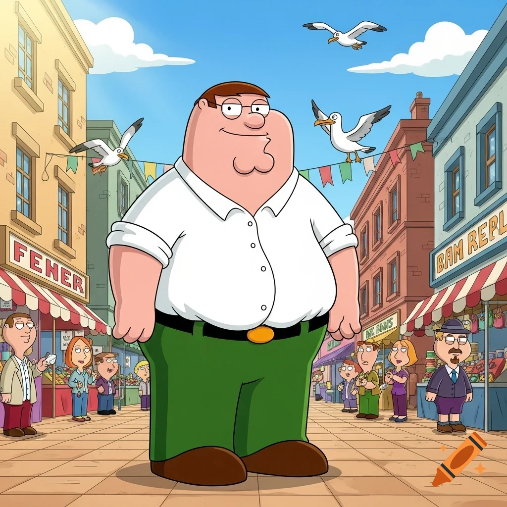 Peter Griffin stands in a lively cartoon street scene with other characters and seagulls flying overhead.