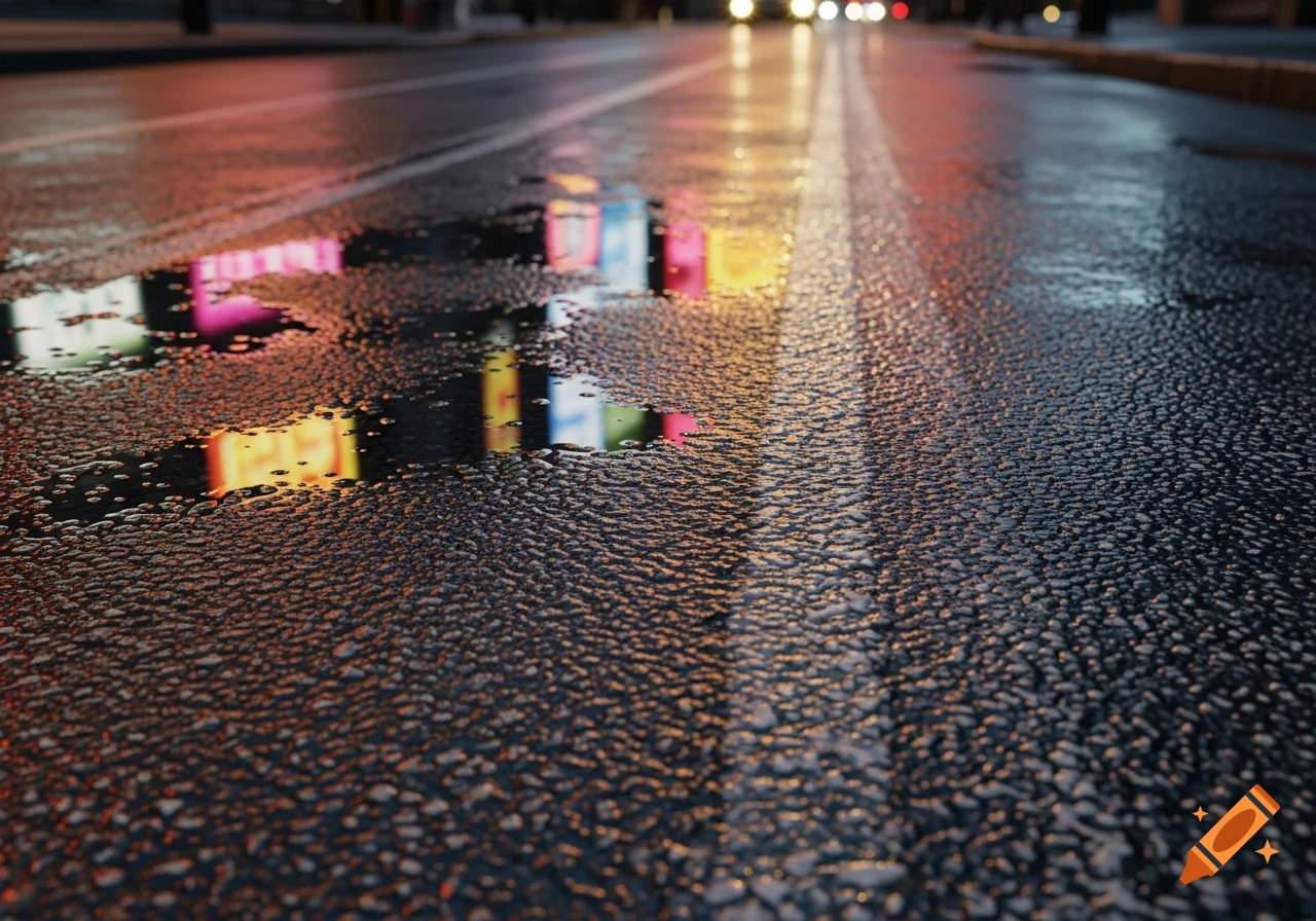 Photorealistic close-up of wet asphalt reflecting colorful neon lights and distant headlights on an urban street at night.