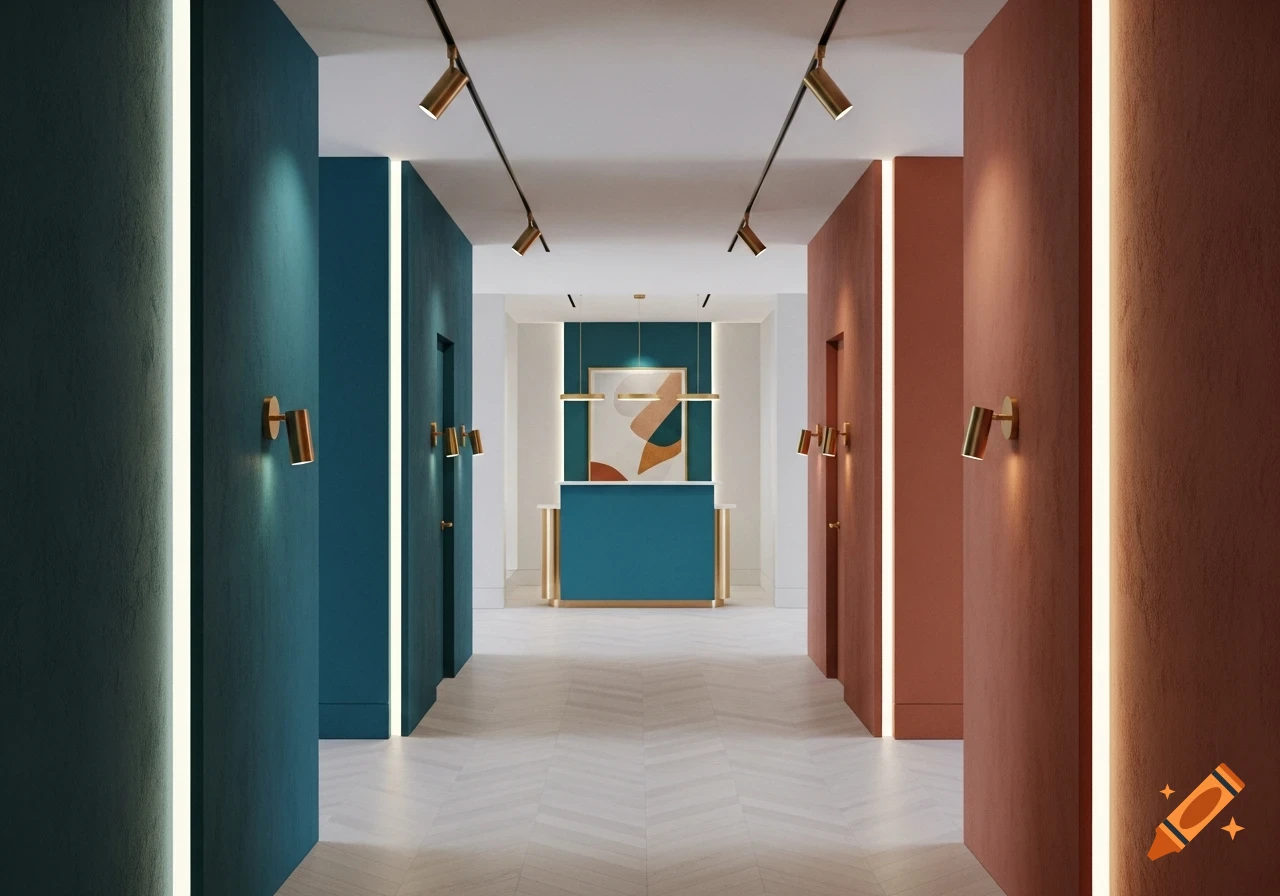 A modern hallway with teal and terracotta colored walls, a central teal reception desk, track lighting, and a white chevron floor.