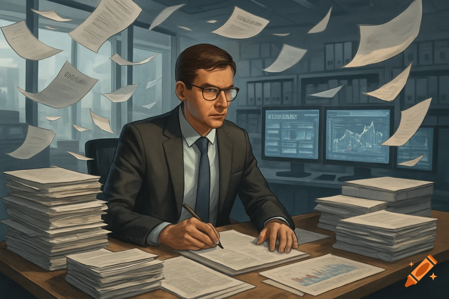 A man in a suit and glasses sits at a desk, writing on a document amidst flying papers, stacks of files, and computer monitors.