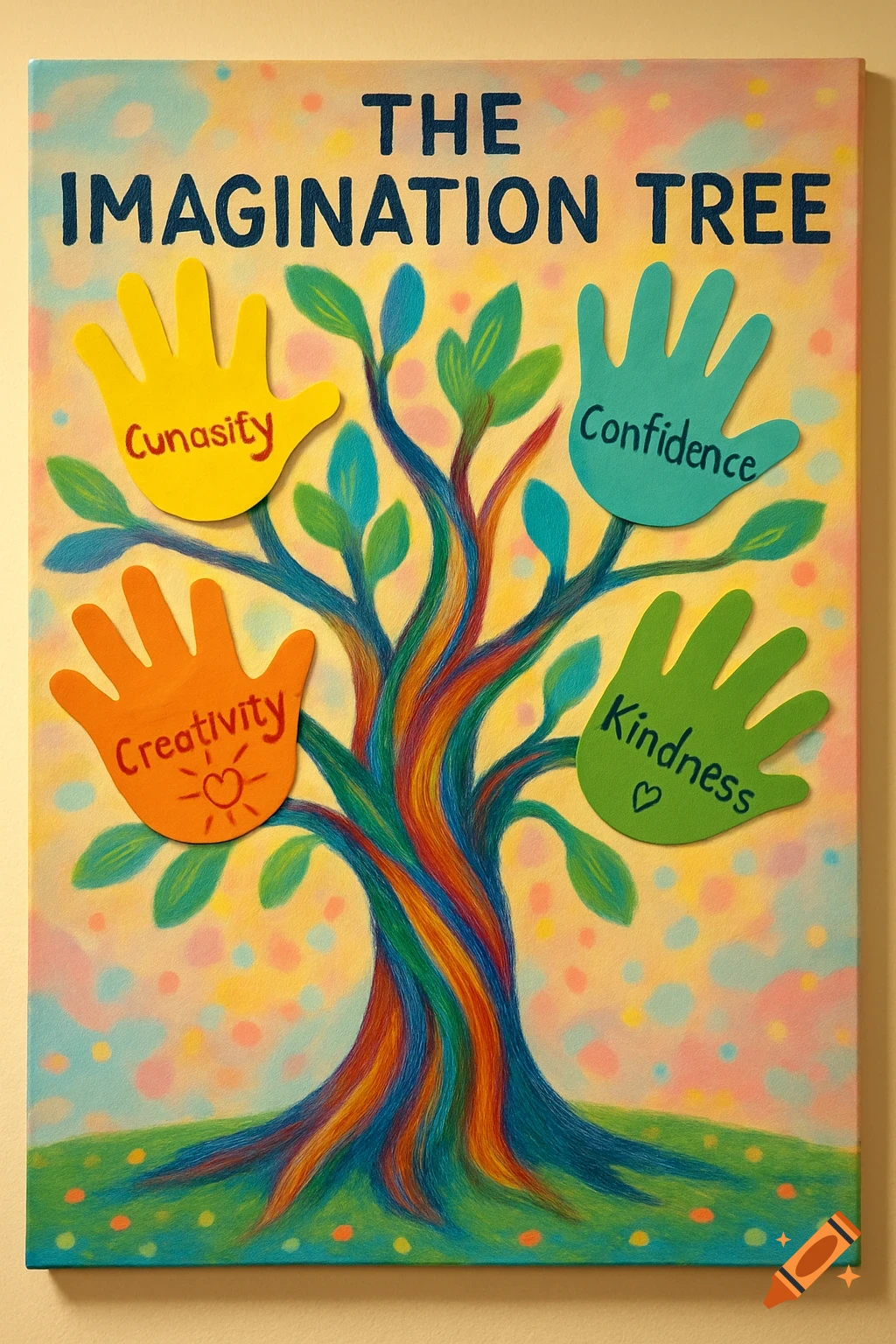 A colorful painted 'The Imagination Tree' with a rainbow trunk and green leaves, featuring four paper handprints labeled 'Cunasify', 'Confidence', 'Creativity', and 'Kindness'.