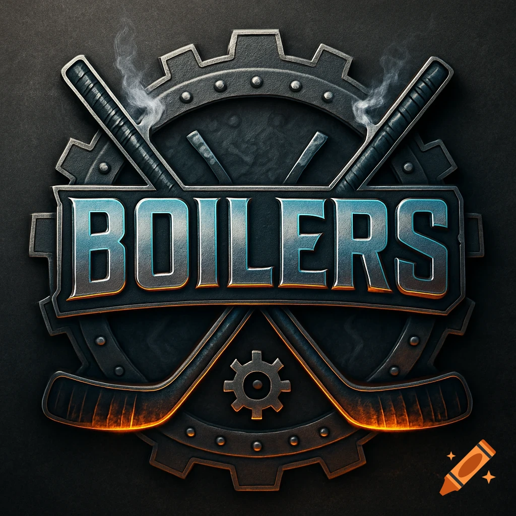 Hockey team logo with "BOILERS" in metallic blue text, crossed hockey sticks, and a dark gear emitting steam.