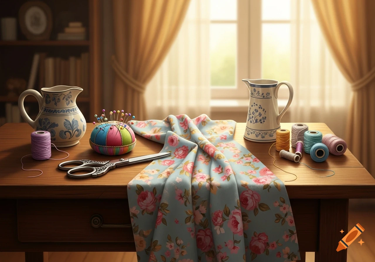 A sewing project on a wooden table with floral fabric, a colorful pin cushion, scissors, spools of thread, and decorative pitchers in front of a window.