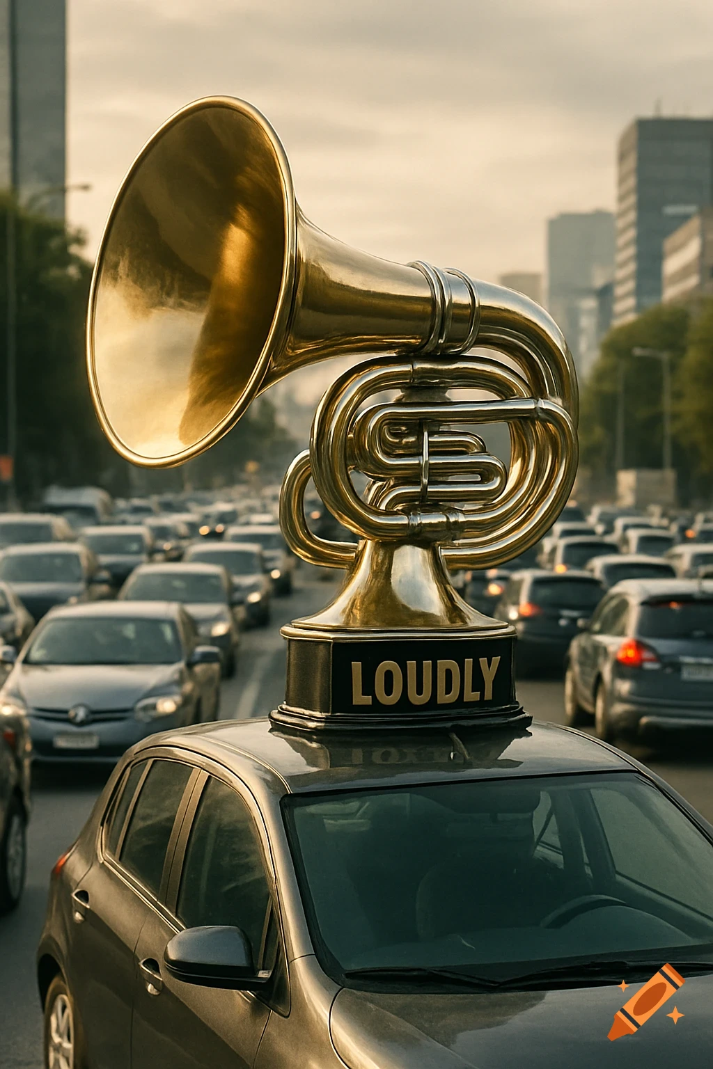 A large golden tuba-like instrument with 'LOUDLY' on its base is mounted on a grey car in city traffic under a hazy sky, photorealistic.