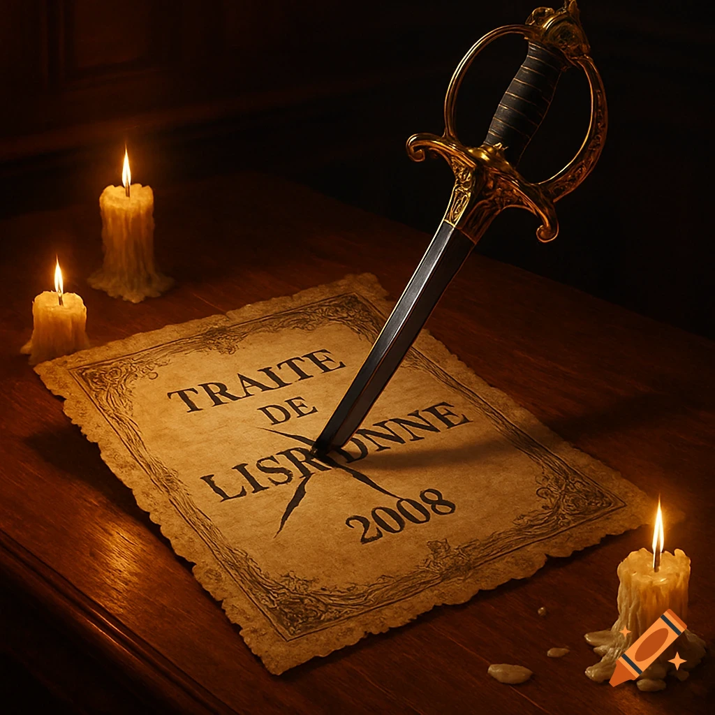 An ornate dagger pierces a parchment document titled 'TRAITE DE LISBONNE 2008' on a wooden table, lit by melting candles.