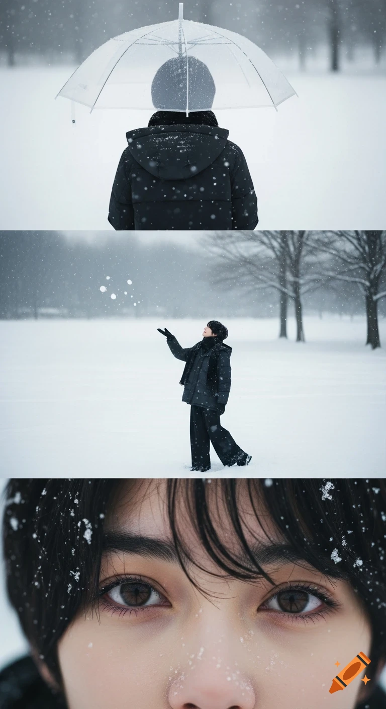 Photorealistic triptych of a person in a snowy landscape: with an umbrella, catching snowflakes, and a close-up of sad eyes.