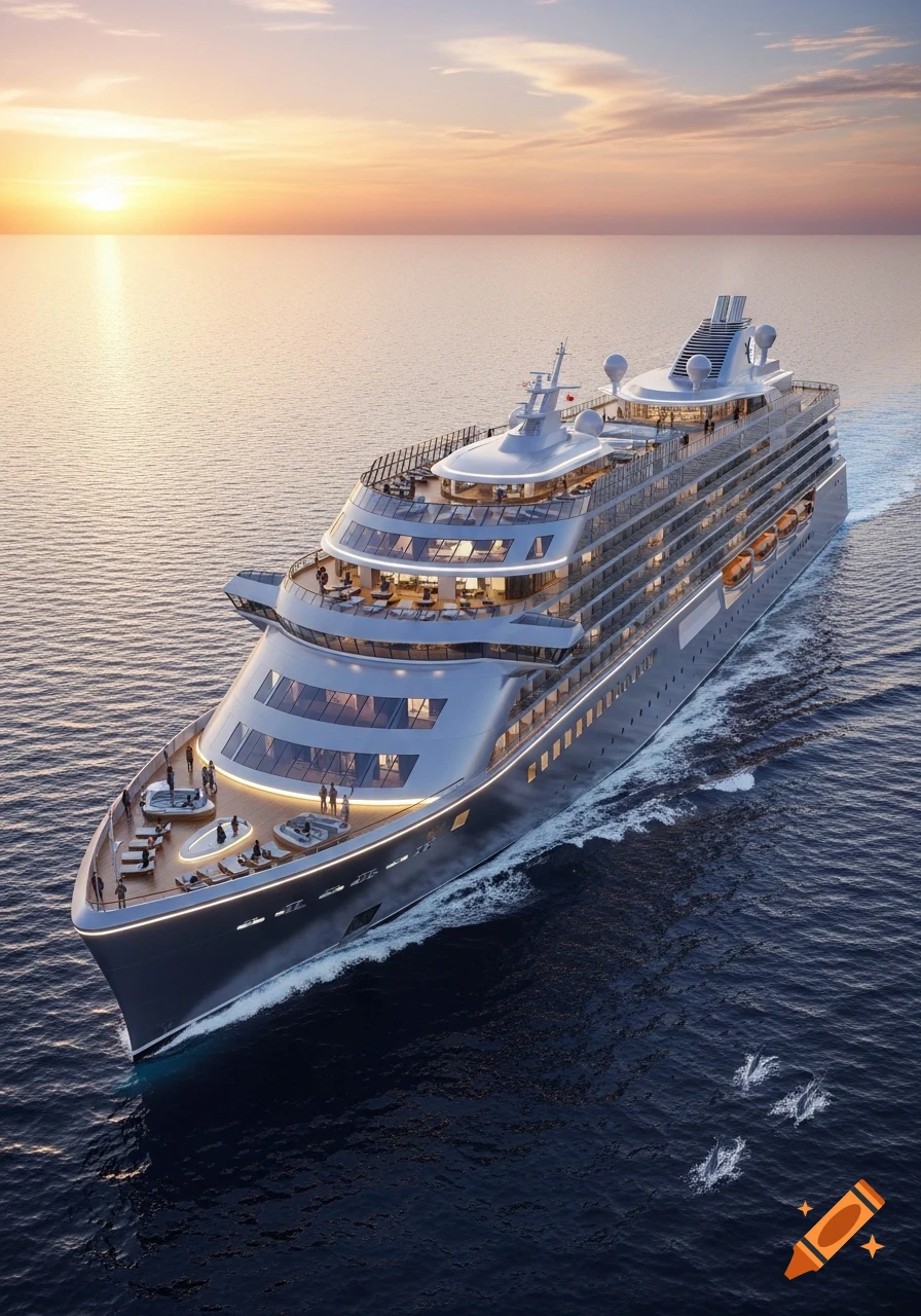 A luxurious, modern cruise ship glides on the ocean at sunset, with subtle splashes in the water.