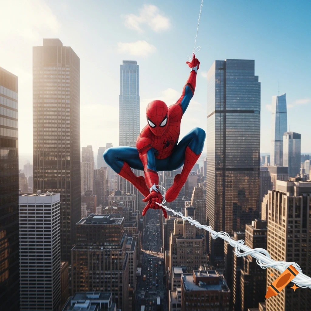 Photorealistic Spiderman swings on a web line, suspended high above a sprawling city of skyscrapers at sunset.