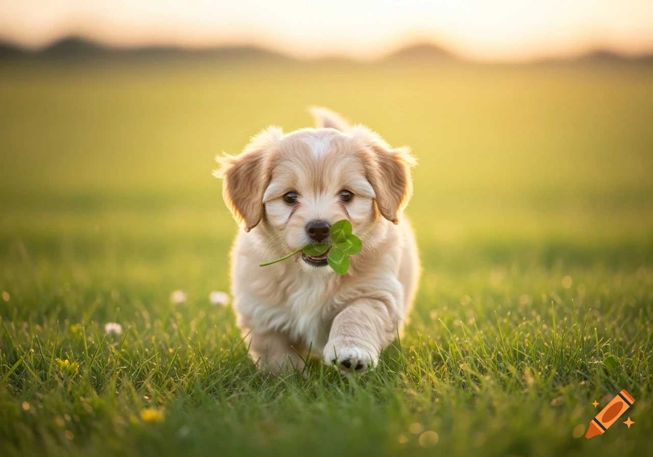 A cute, fluffy puppy runs through a sunny green meadow with a four-leaf clover in its mouth.