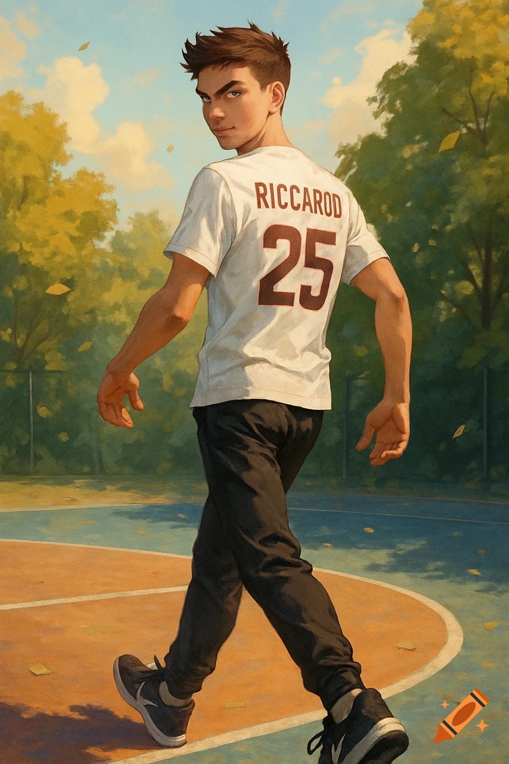A young man in a white jersey with 'RICCAROD 25' on the back walks on a basketball court, looking over his shoulder. Digital art.