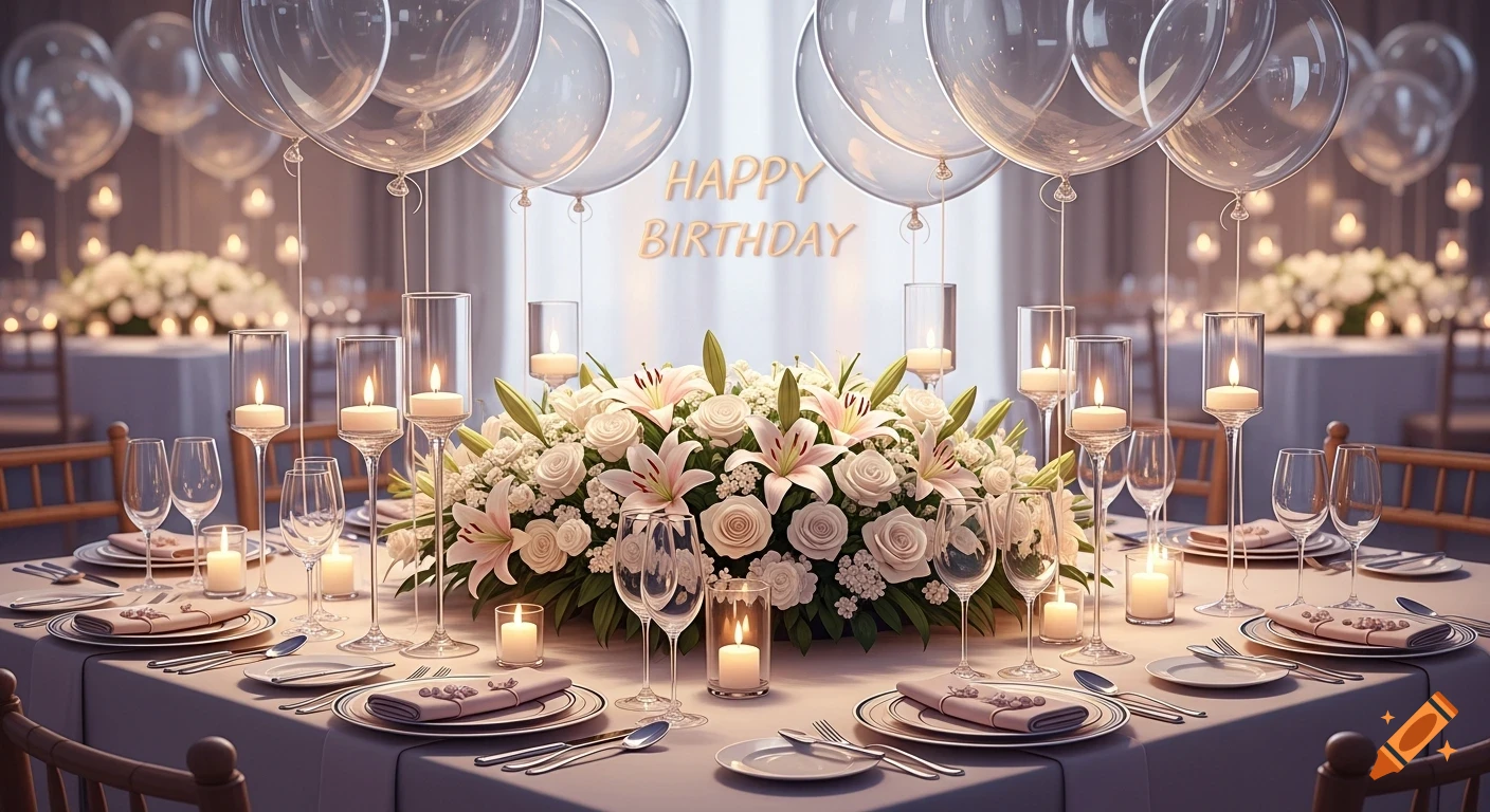 A beautifully decorated birthday table with white lilies and roses, lit candles, clear balloons, and 'HAPPY BIRTHDAY' text.