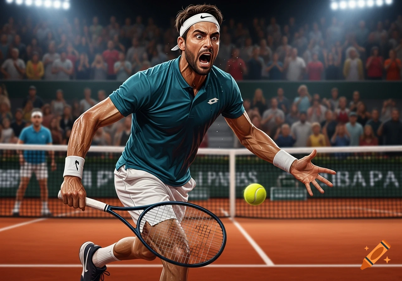 A male tennis player lunges on a clay court, mid-game, yelling with intense effort, a ball near his hand and a blurred crowd in the background.