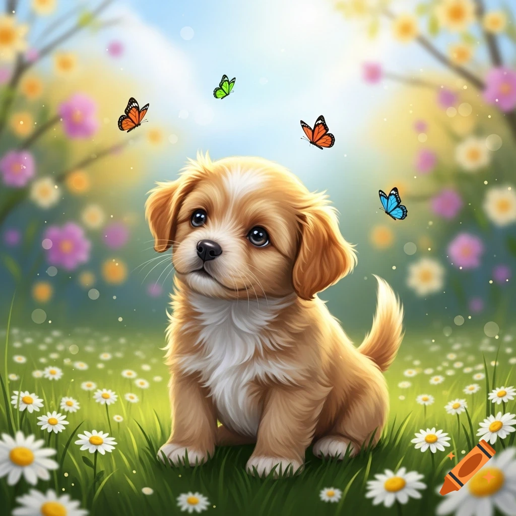 A fluffy golden puppy with big eyes sits in a field of white daisies and green grass, looking up at colorful butterflies.