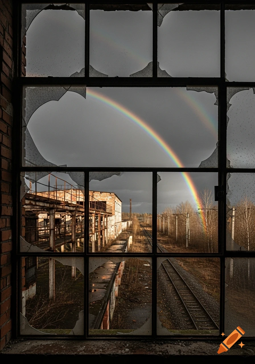 View from a broken window in an abandoned factory showing dilapidated buildings, railway tracks, bare trees, and a vibrant double rainbow against a gray sky.