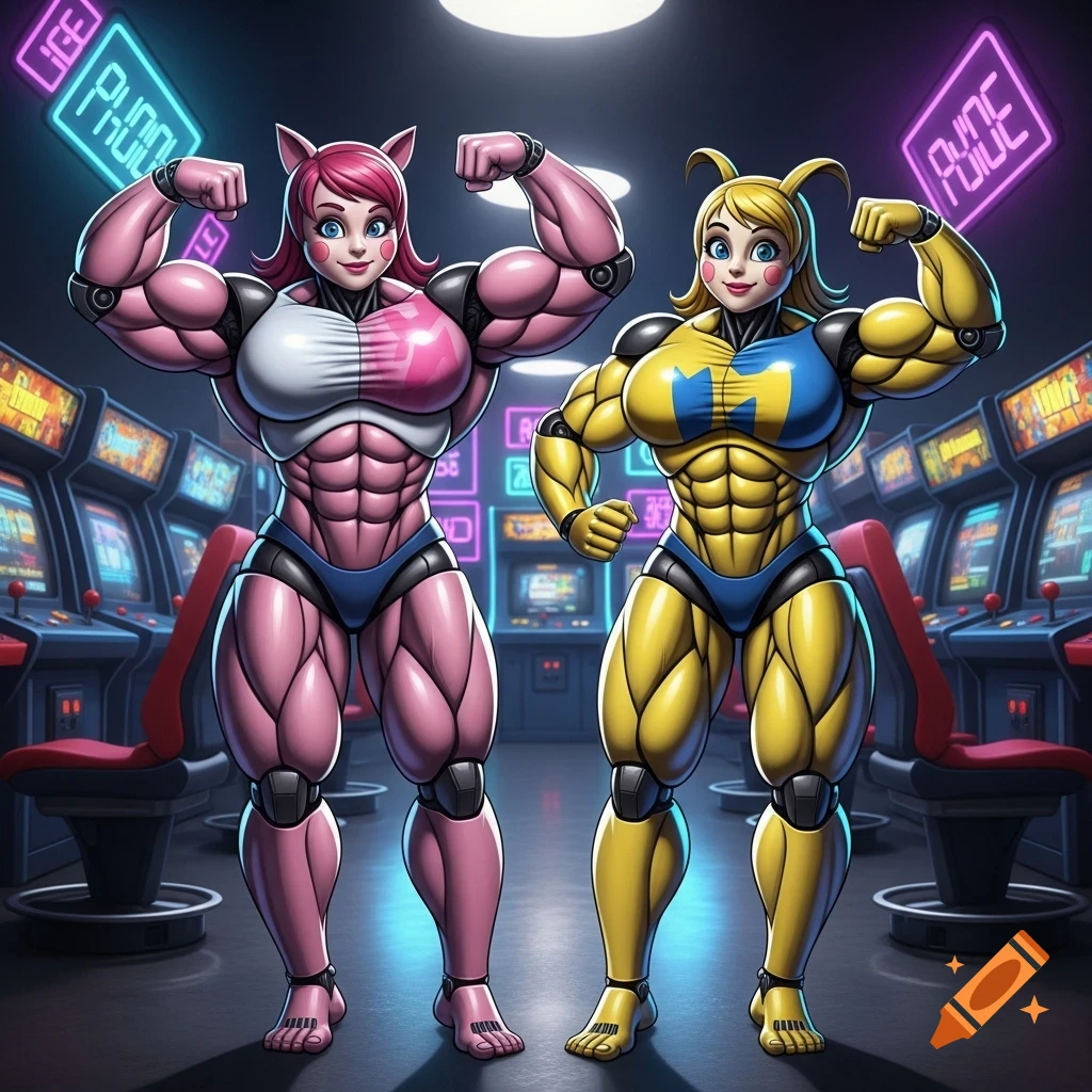 Muscular pink and yellow female robot characters posing in an arcade with neon signs.