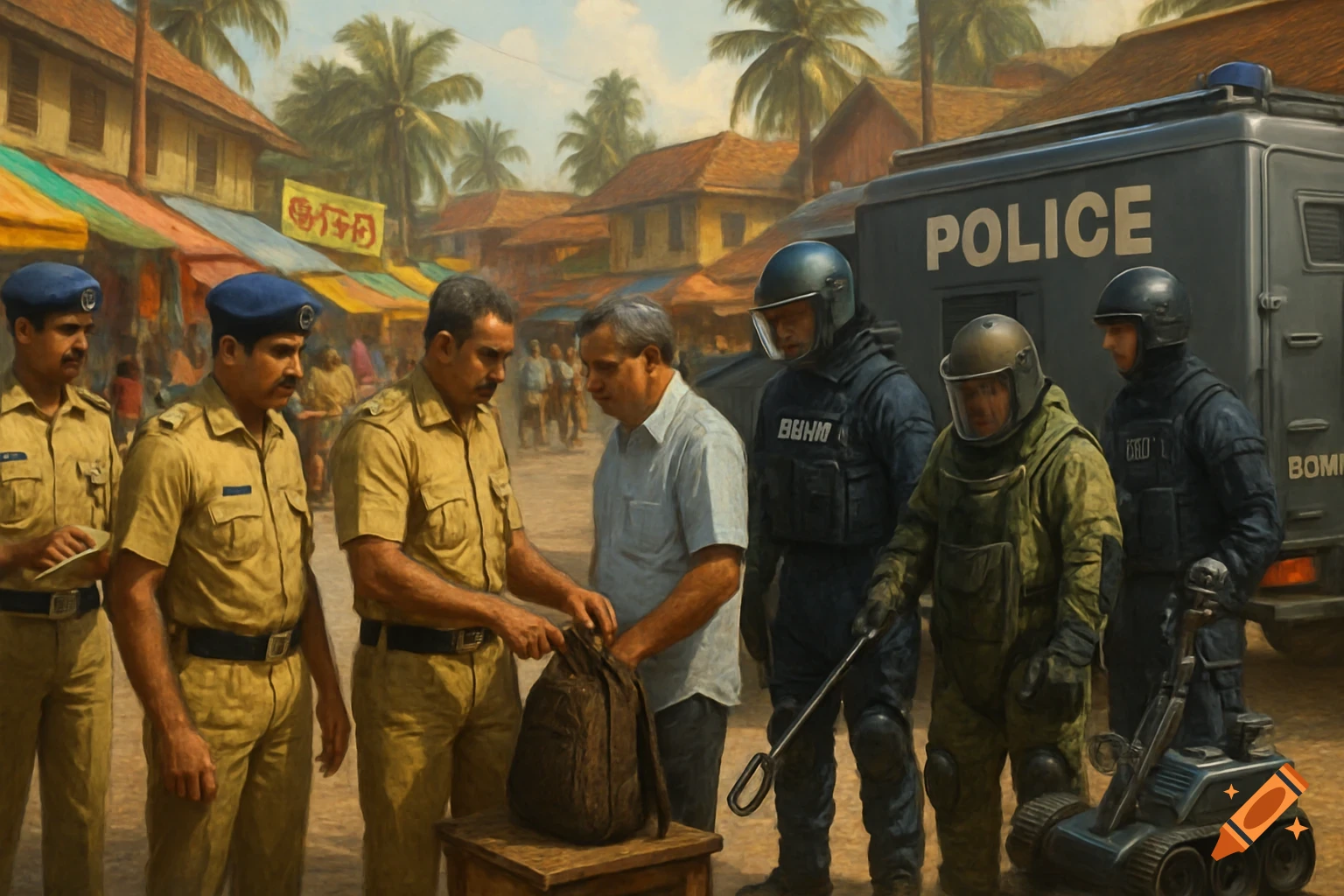 An illustration depicts Indian police officers in uniform, a civilian, and a bomb disposal squad with a robot inspecting a bag in a bustling market street.