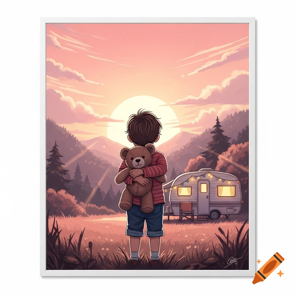 A cartoon boy holding a teddy bear gazes at a pink and gold sunset over mountains with a camper van nearby.