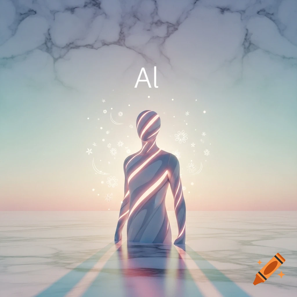 A stylized, glowing humanoid figure emerges from a reflective surface, with the text 'Al' floating above a marble sky and sunset gradient.