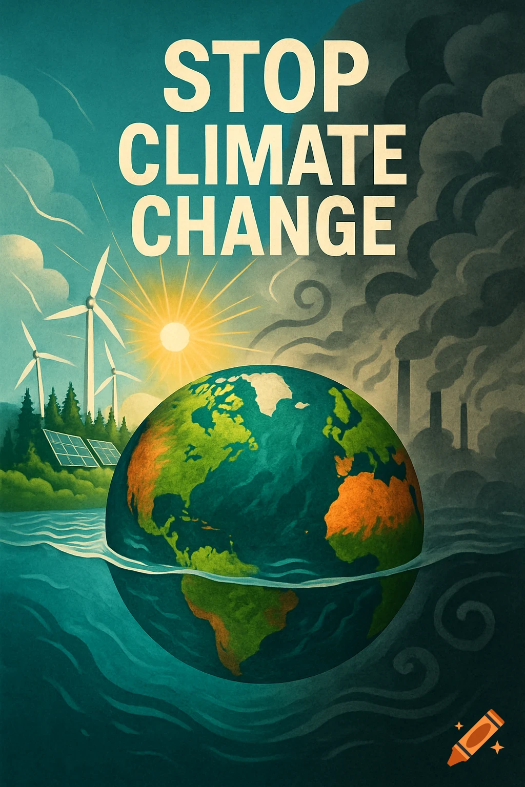 Climate change poster with Earth partially submerged, wind turbines, solar panels, polluting factories, and "STOP CLIMATE CHANGE" text.