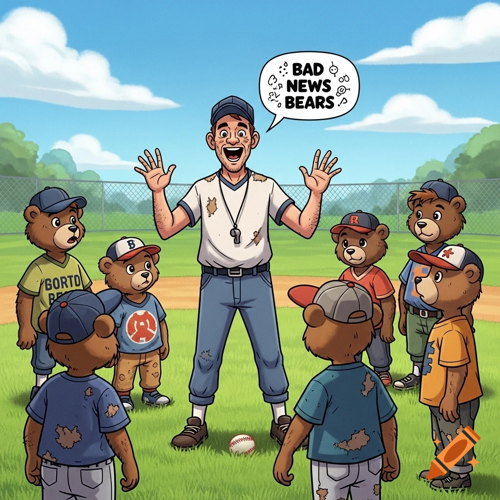 Cartoon baseball coach yelling at a team of bear cubs on a field, with a speech bubble 'BAD NEWS BEARS' and a baseball on the grass.