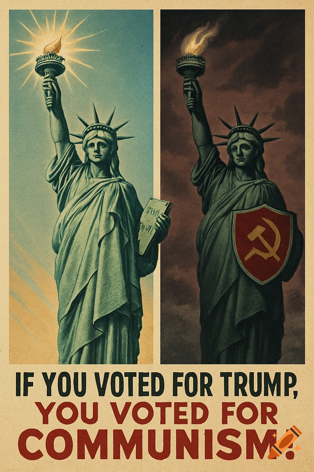 Vintage propaganda poster split in two: left, Lady Liberty holds a bright torch and illegible tablet; right, a darker Lady Liberty holds a dim torch and a hammer and sickle shield. Text says: "IF YOU VOTED FOR TRUMP, YOU VOTED FOR COMMUNISM!"