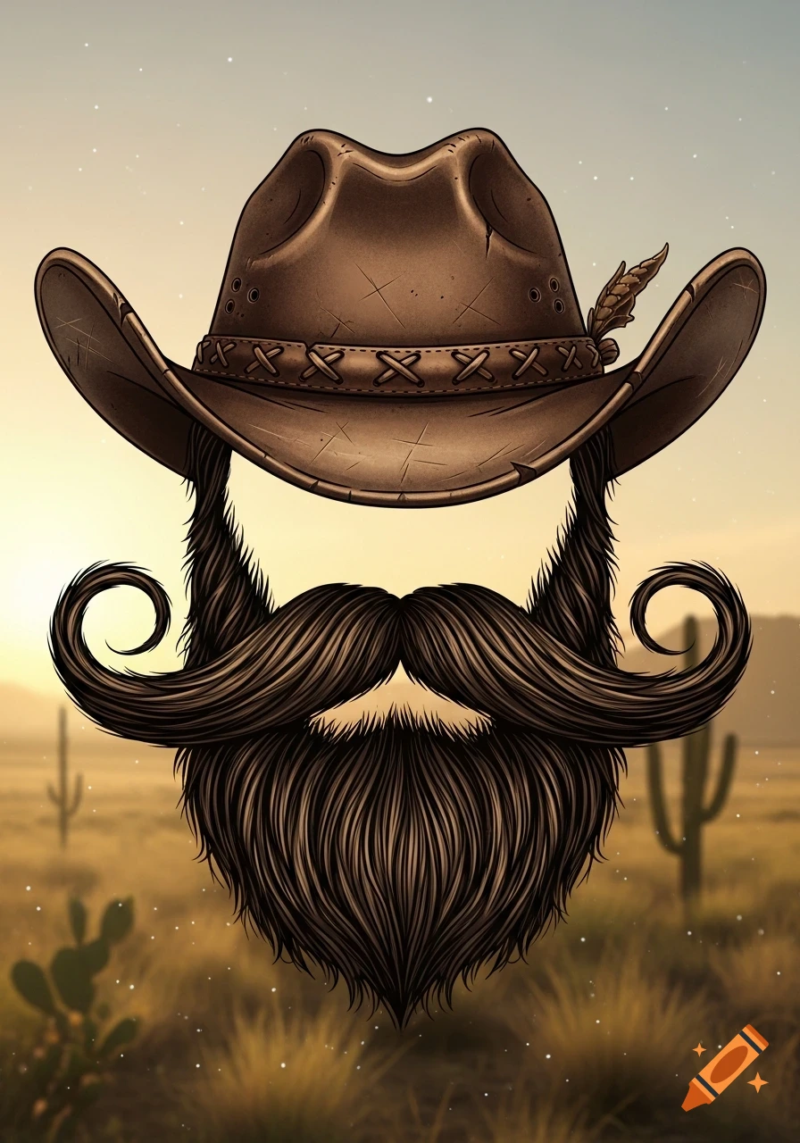 A stylized drawing of a brown cowboy hat atop a full, dark brown beard with a long, curly mustache, set against a desert sunset.