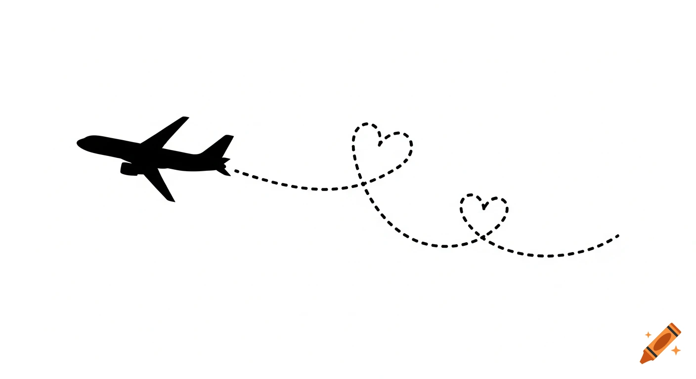Black silhouette of a plane flying, leaving a dotted trail that forms two hearts on a white background.