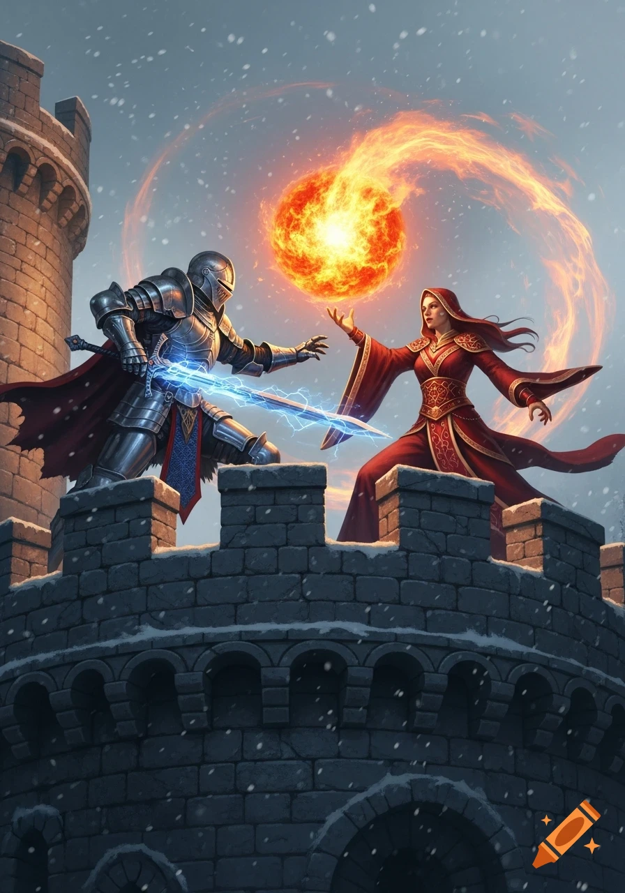 A knight with a lightning sword and a sorceress with a fire spell clash on a snowy castle parapet in a dramatic fantasy scene.