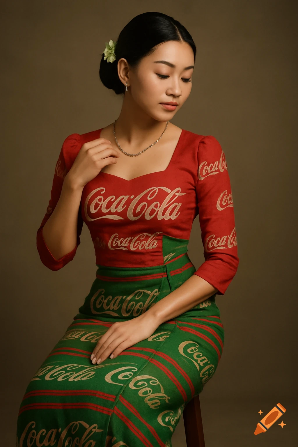 Beautiful Myanmar woman in a red and green traditional dress with Coca-Cola patterns, seated in a studio.