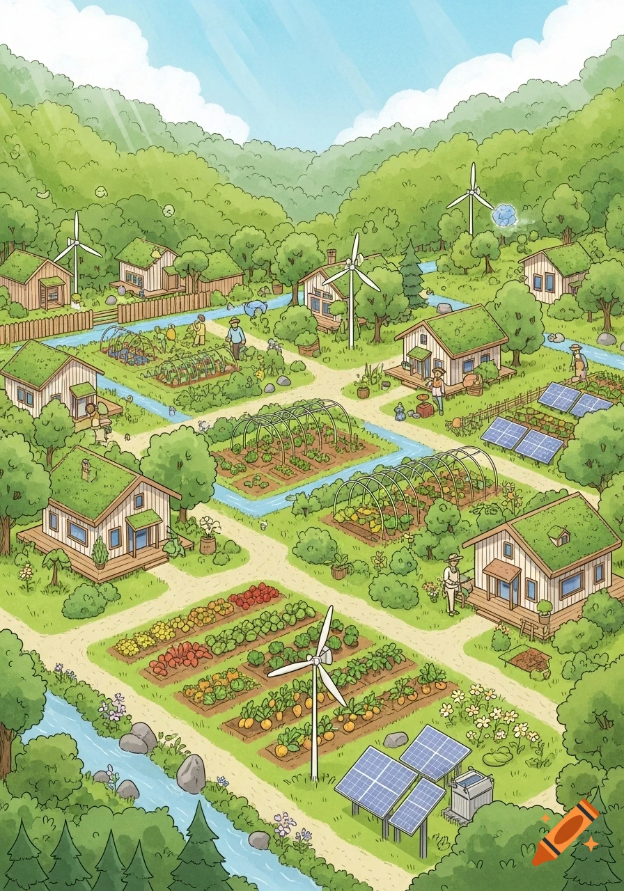 Hand-drawn illustration of a sustainable community with green-roofed houses, gardens, wind turbines, and solar panels in a lush valley.