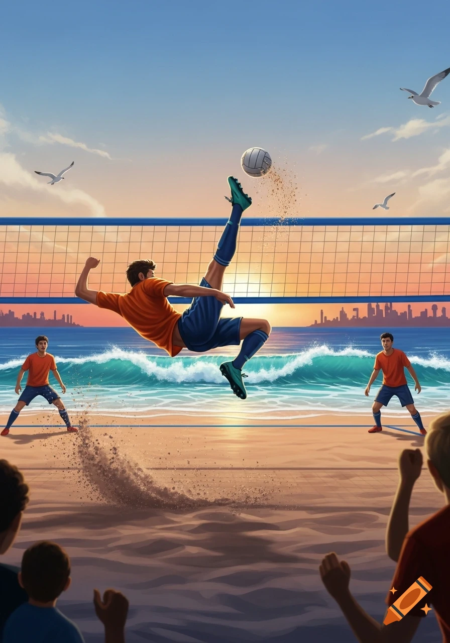An illustrated scene of a man performing a bicycle kick to hit a volleyball over a net on a sandy beach at sunset.