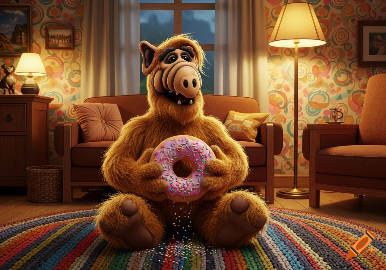 ALF, the furry alien, sits on a colorful rug in a cozy living room, holding a large pink donut with sprinkles.